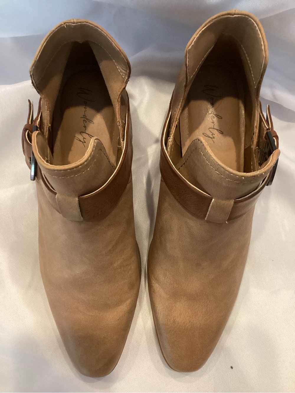 Wonderly Tan Suede Cutout Ankle Booties with Buckle Detail - Picture 2 of 4